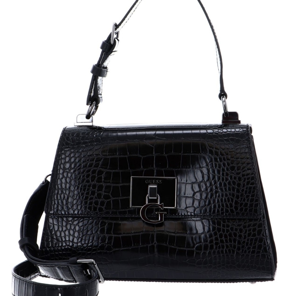 Guess Stephi Black Moc Croc Top Handle Bag